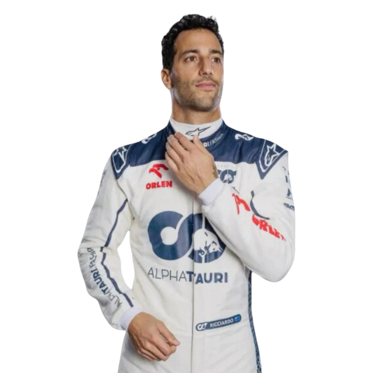 Daniel Ricciardo 2023 AlphaTauri F1 race suit in white with navy blue detailing and sponsor logos