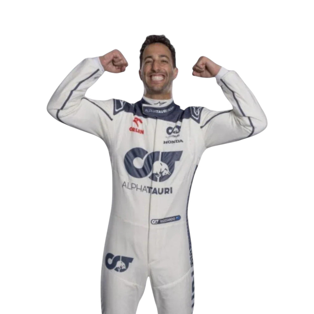 Daniel Ricciardo 2023 AlphaTauri F1 race suit in white with navy blue detailing and sponsor logos