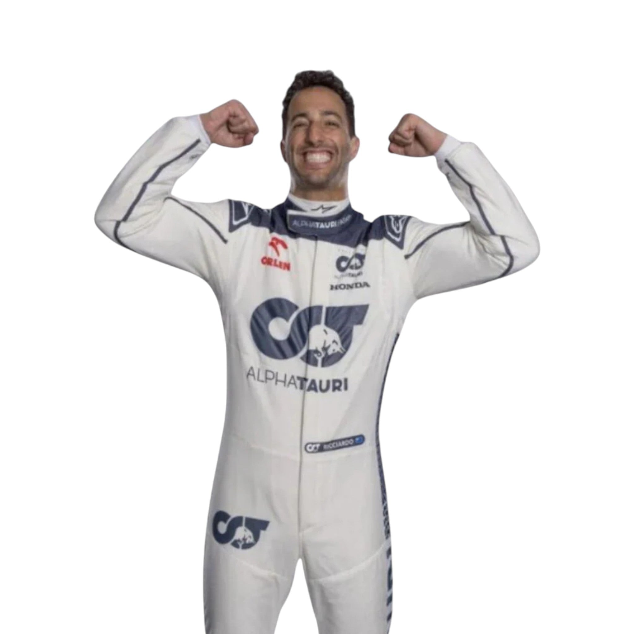 Daniel Ricciardo 2023 AlphaTauri F1 race suit in white with navy blue detailing and sponsor logos