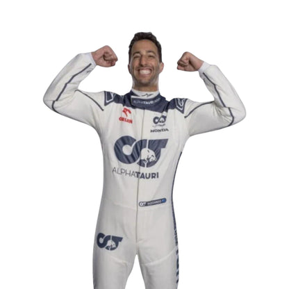 Daniel Ricciardo 2023 AlphaTauri F1 race suit in white with navy blue detailing and sponsor logos