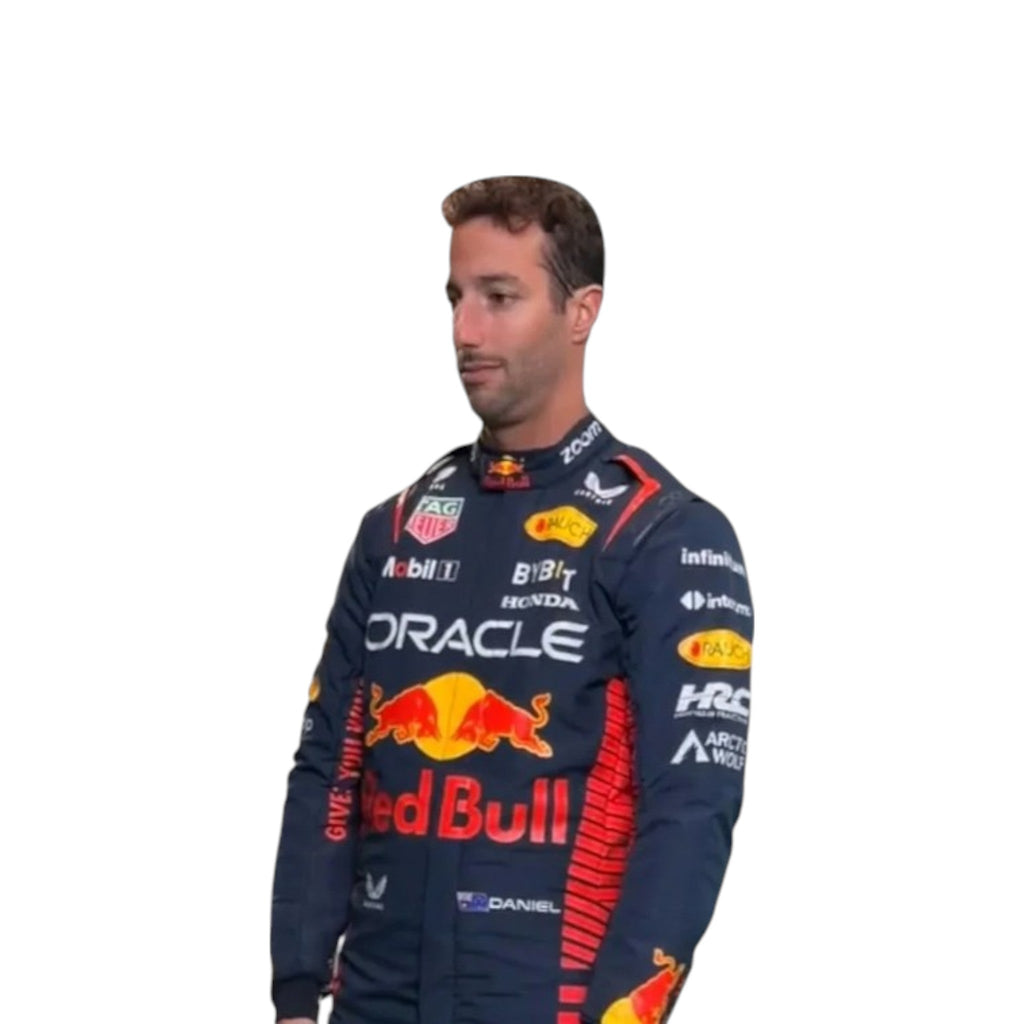 Daniel Ricciardo 2023 Red Bull F1 race suit in navy with red and yellow accents and sponsor branding