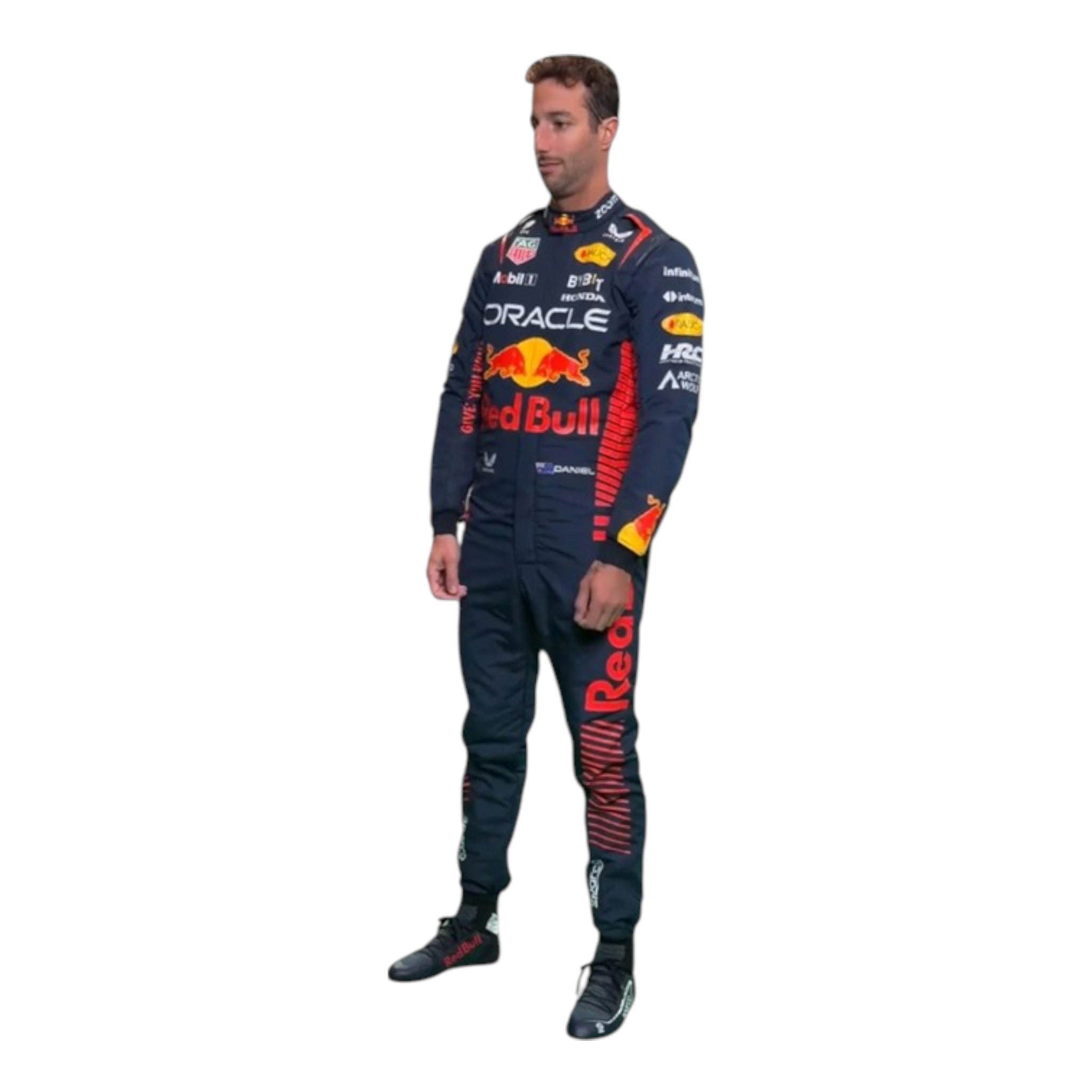 Daniel Ricciardo 2023 Red Bull F1 race suit in navy with red and yellow accents and sponsor branding