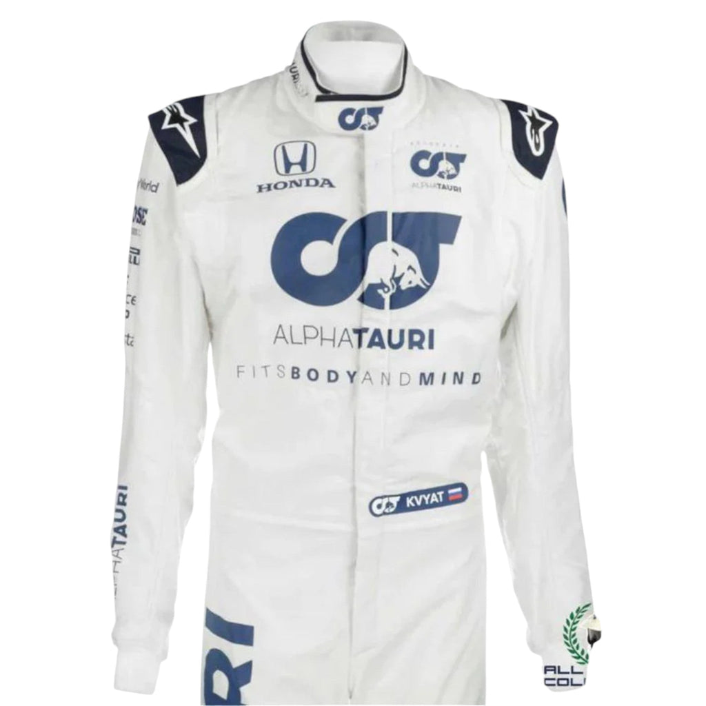 Daniil Kvyat 2020 AlphaTauri F1 race suit in white and navy blue with sponsor logos