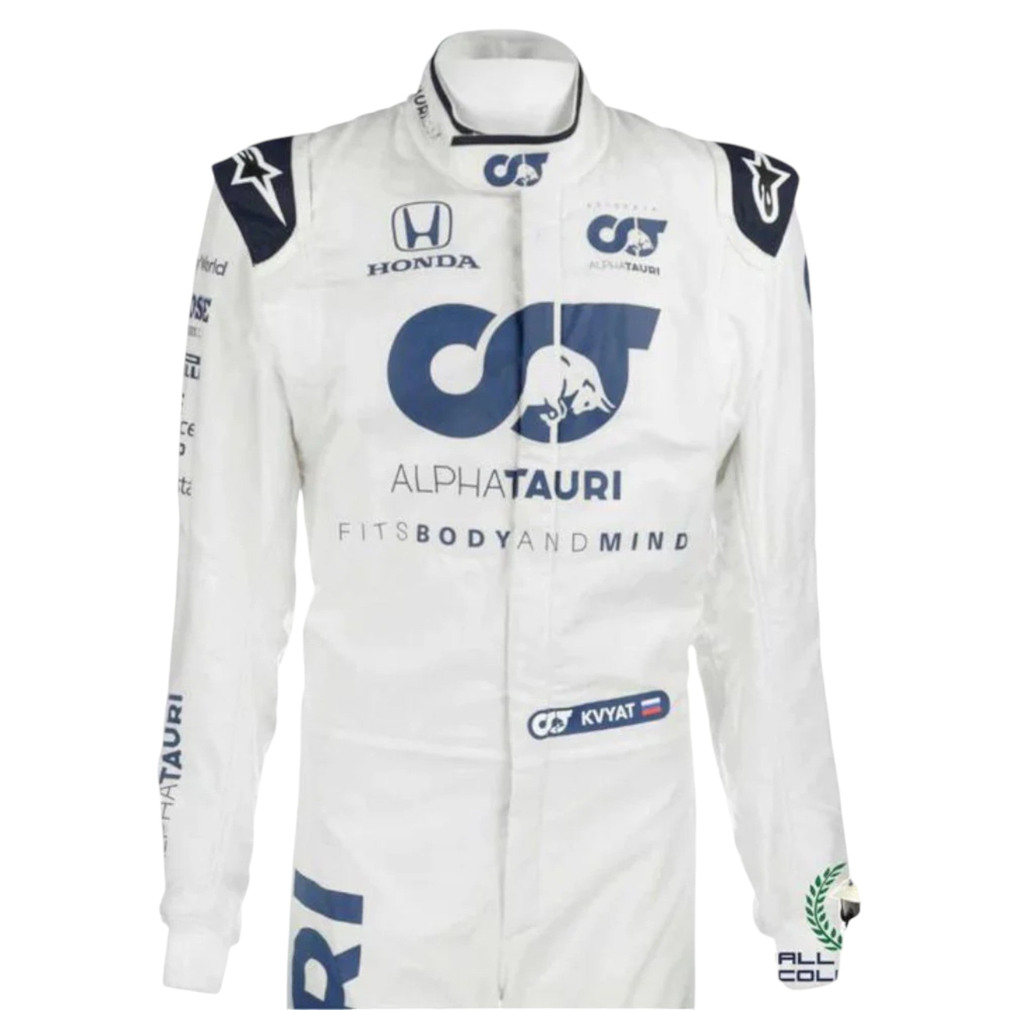 Daniil Kvyat 2020 AlphaTauri F1 race suit in white and navy blue with sponsor logos
