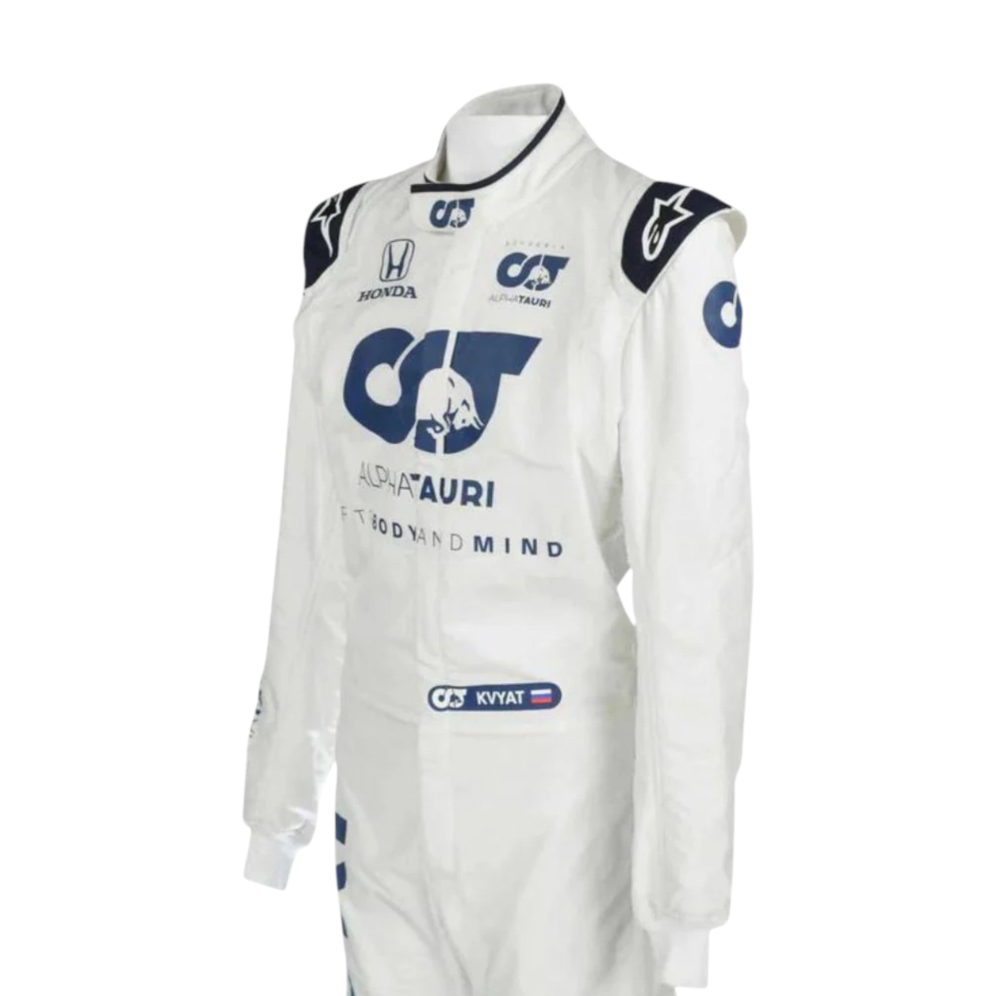 Daniil Kvyat 2020 AlphaTauri F1 race suit in white and navy blue with sponsor logos