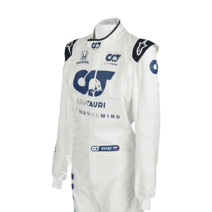 Daniil Kvyat 2020 AlphaTauri F1 race suit in white and navy blue with sponsor logos