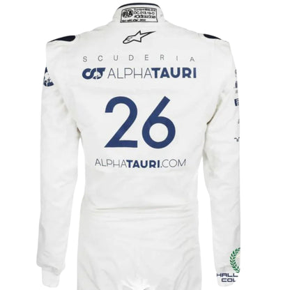 Daniil Kvyat 2020 AlphaTauri F1 race suit in white and navy blue with sponsor logos