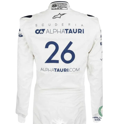 Daniil Kvyat 2020 AlphaTauri F1 race suit in white and navy blue with sponsor logos