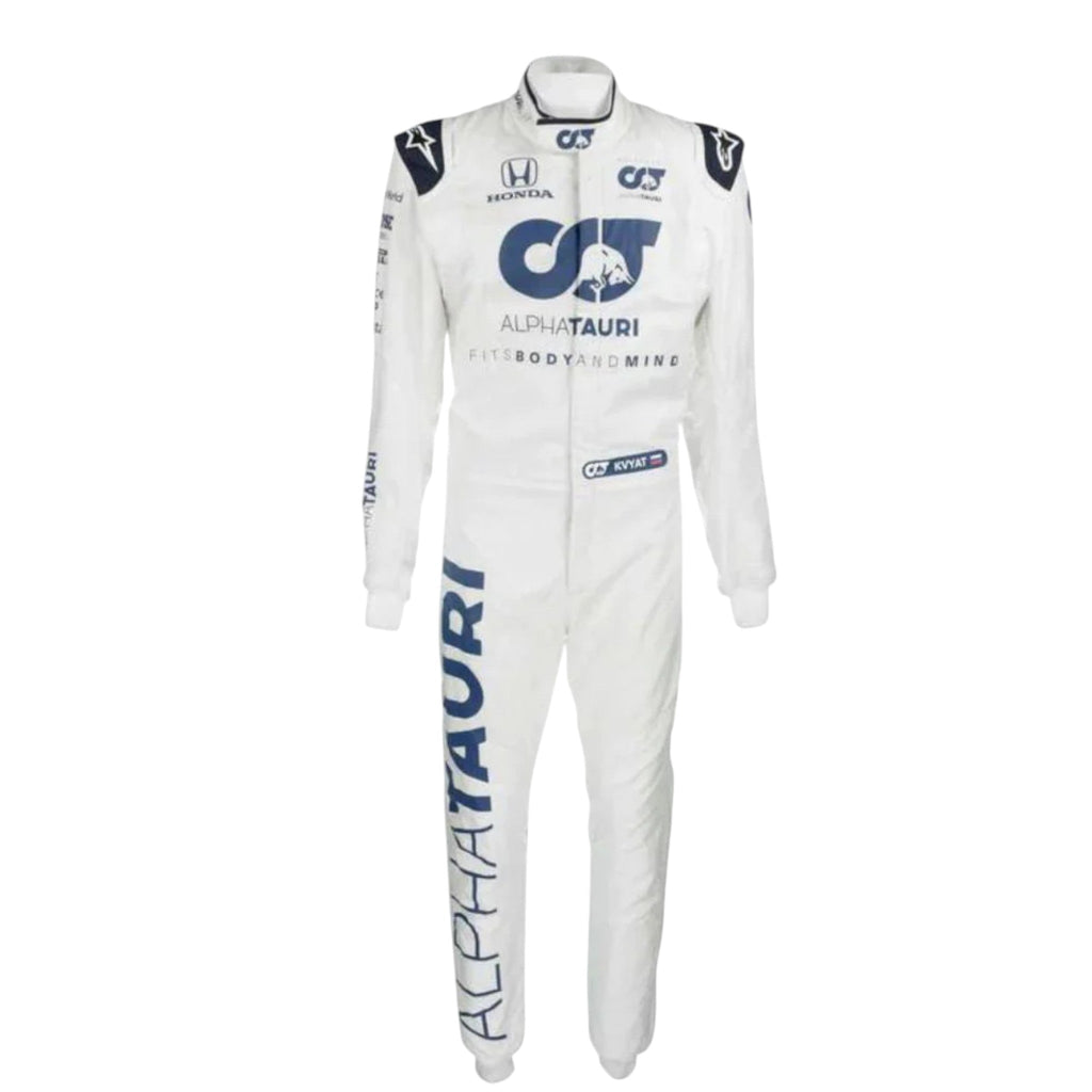 Daniil Kvyat 2020 AlphaTauri F1 race suit in white and navy blue with sponsor logos