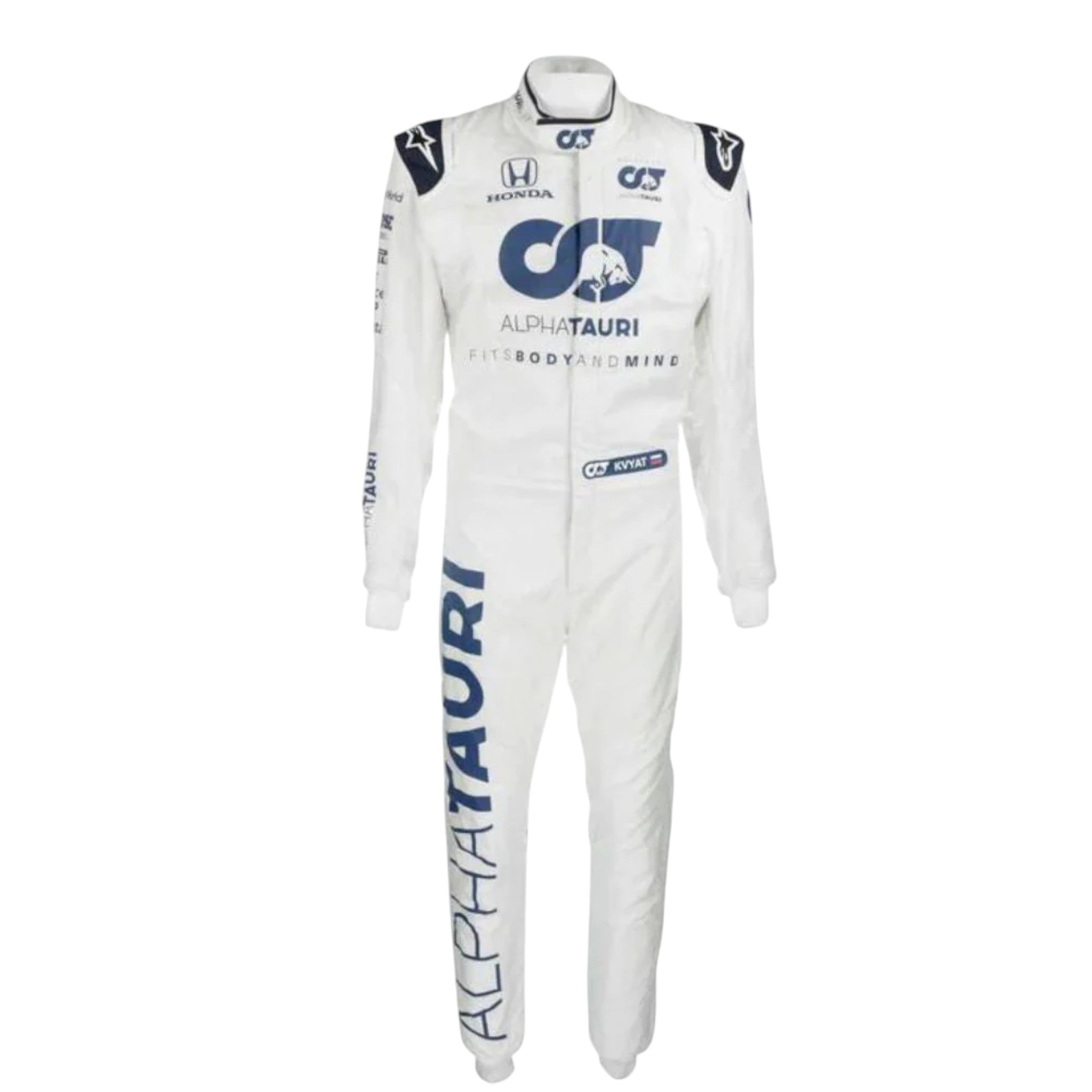 Daniil Kvyat 2020 AlphaTauri F1 race suit in white and navy blue with sponsor logos