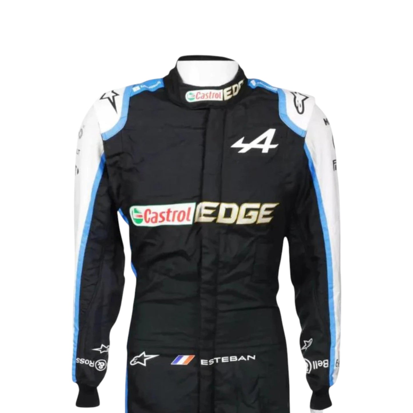 Esteban Ocon 2021 Alpine F1 race suit in black with blue and white accents and sponsor logos