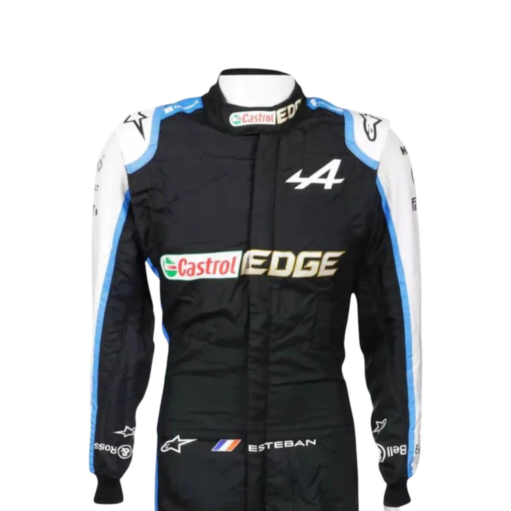 Esteban Ocon 2021 Alpine F1 race suit in black with blue and white accents and sponsor logos