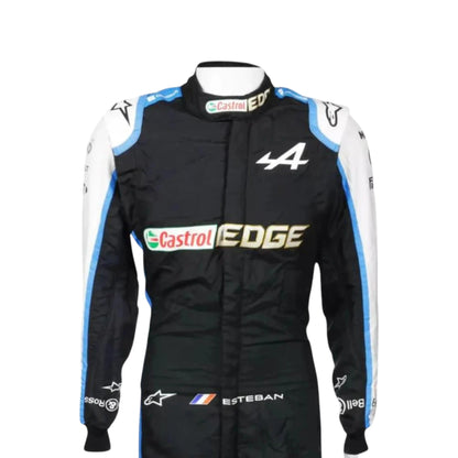 Esteban Ocon 2021 Alpine F1 race suit in black with blue and white accents and sponsor logos