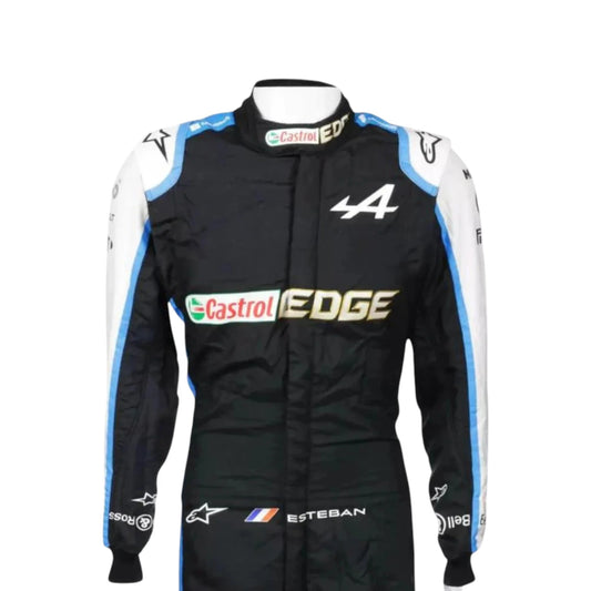 Esteban Ocon 2021 Alpine F1 race suit in black with blue and white accents and sponsor logos