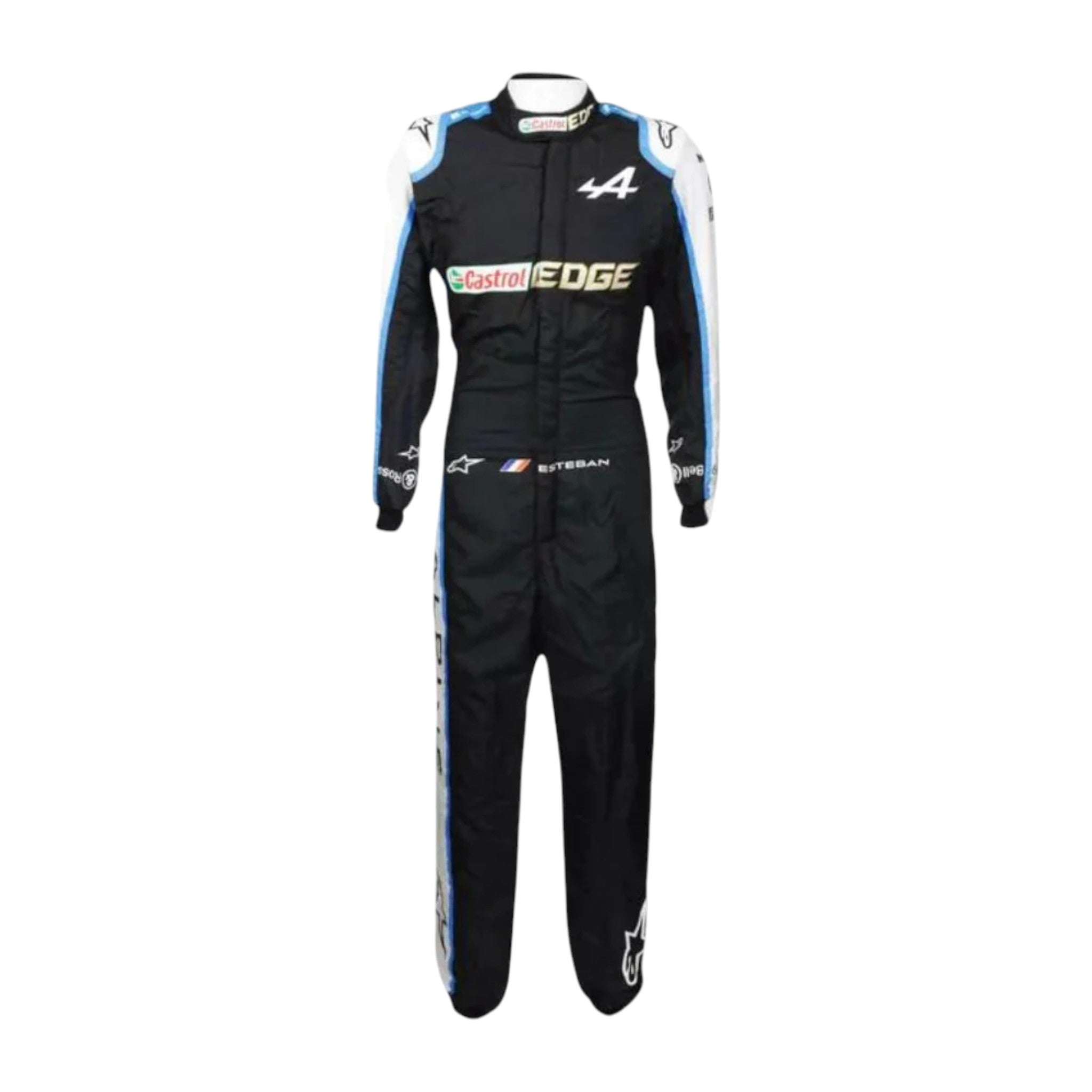 Esteban Ocon 2021 Alpine F1 race suit in black with blue and white accents and sponsor logos