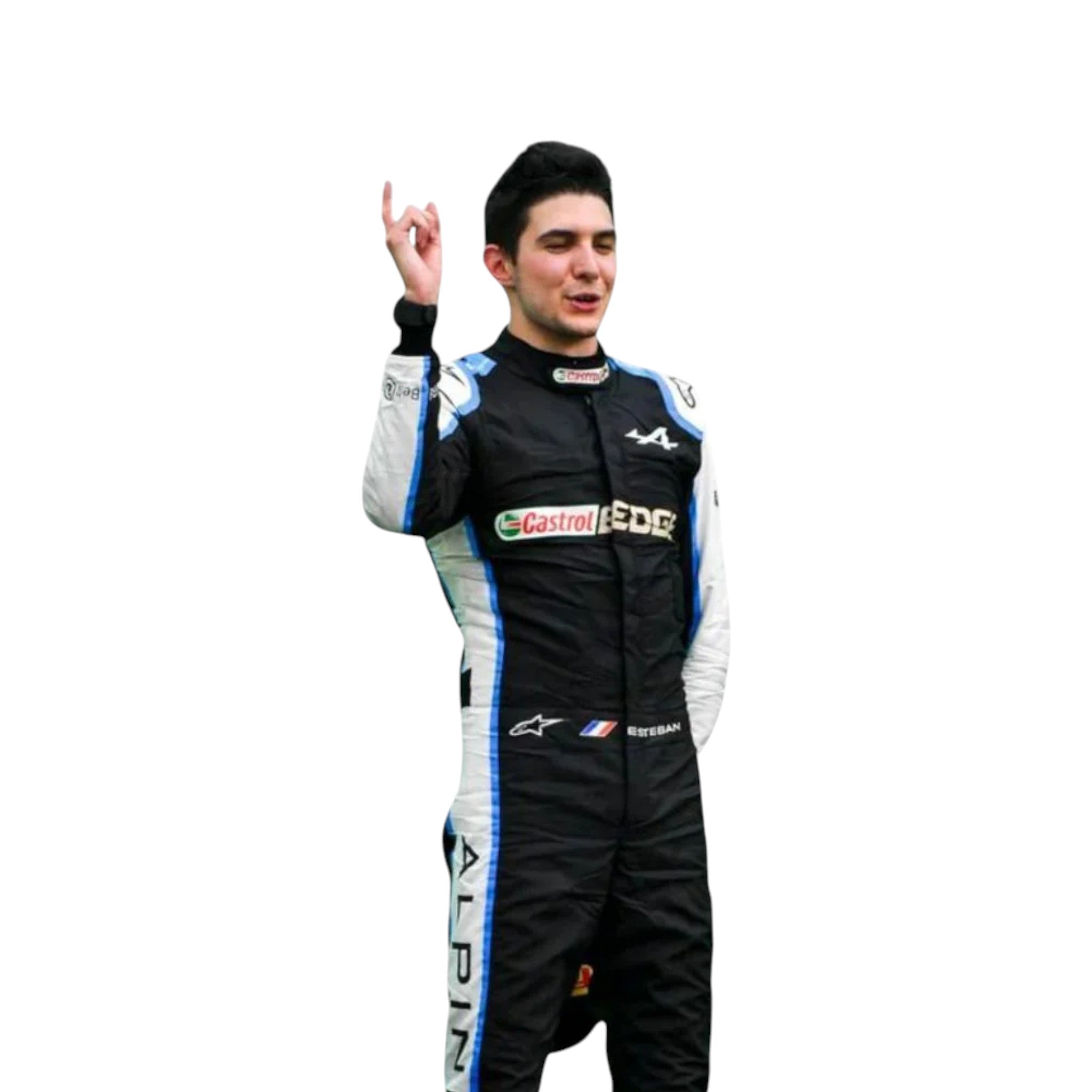 Esteban Ocon 2021 Alpine F1 race suit in black with blue and white accents and sponsor logos