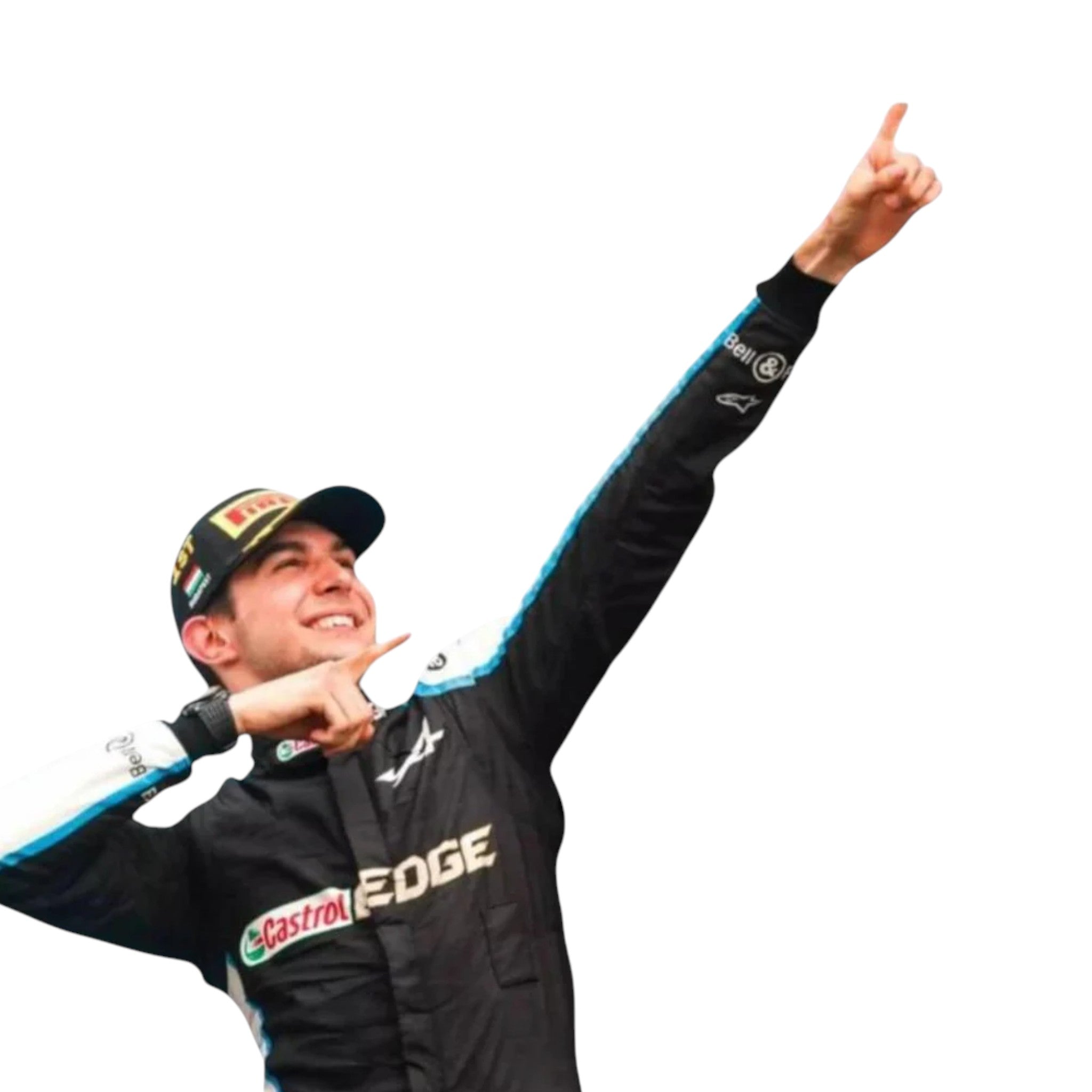 Esteban Ocon 2021 Alpine F1 race suit in black with blue and white accents and sponsor logos