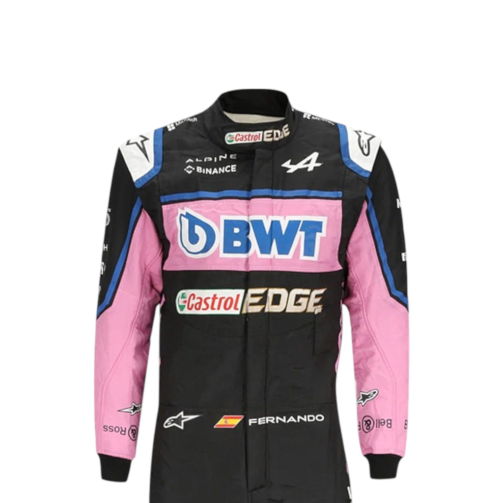 Esteban Ocon 2022 BWT Alpine F1 race suit in black, pink and blue with sponsor branding