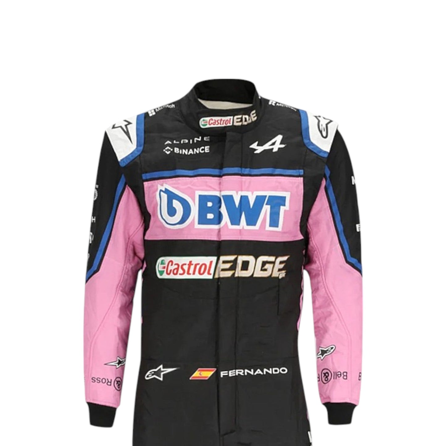 Esteban Ocon 2022 BWT Alpine F1 race suit in black, pink and blue with sponsor branding