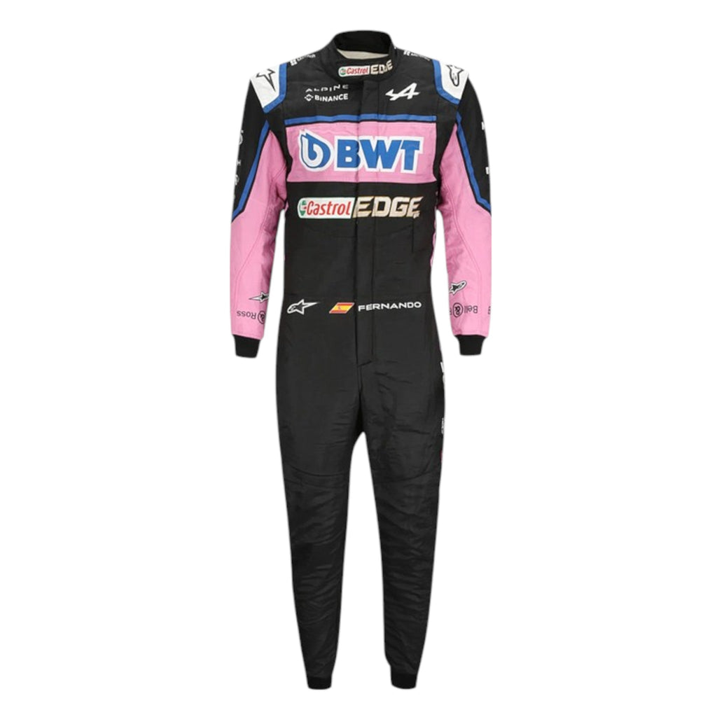 Esteban Ocon 2022 BWT Alpine F1 race suit in black, pink and blue with sponsor branding