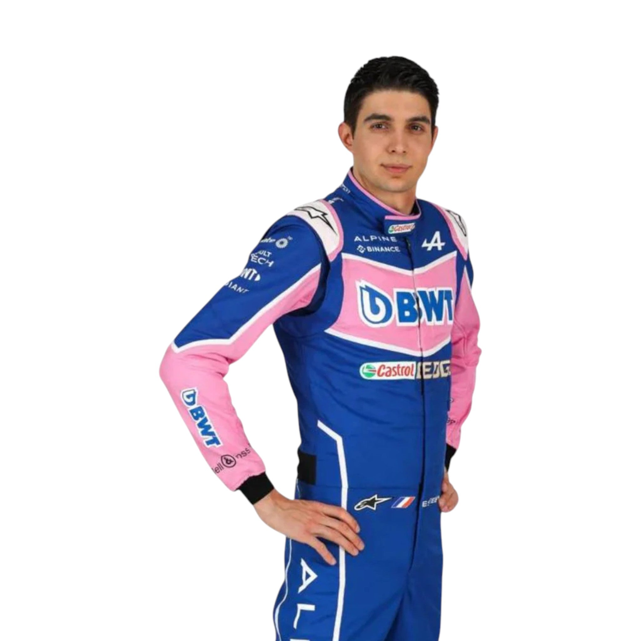 Esteban Ocon 2022 BWT Alpine F1 race suit in pink and blue with sponsor logos