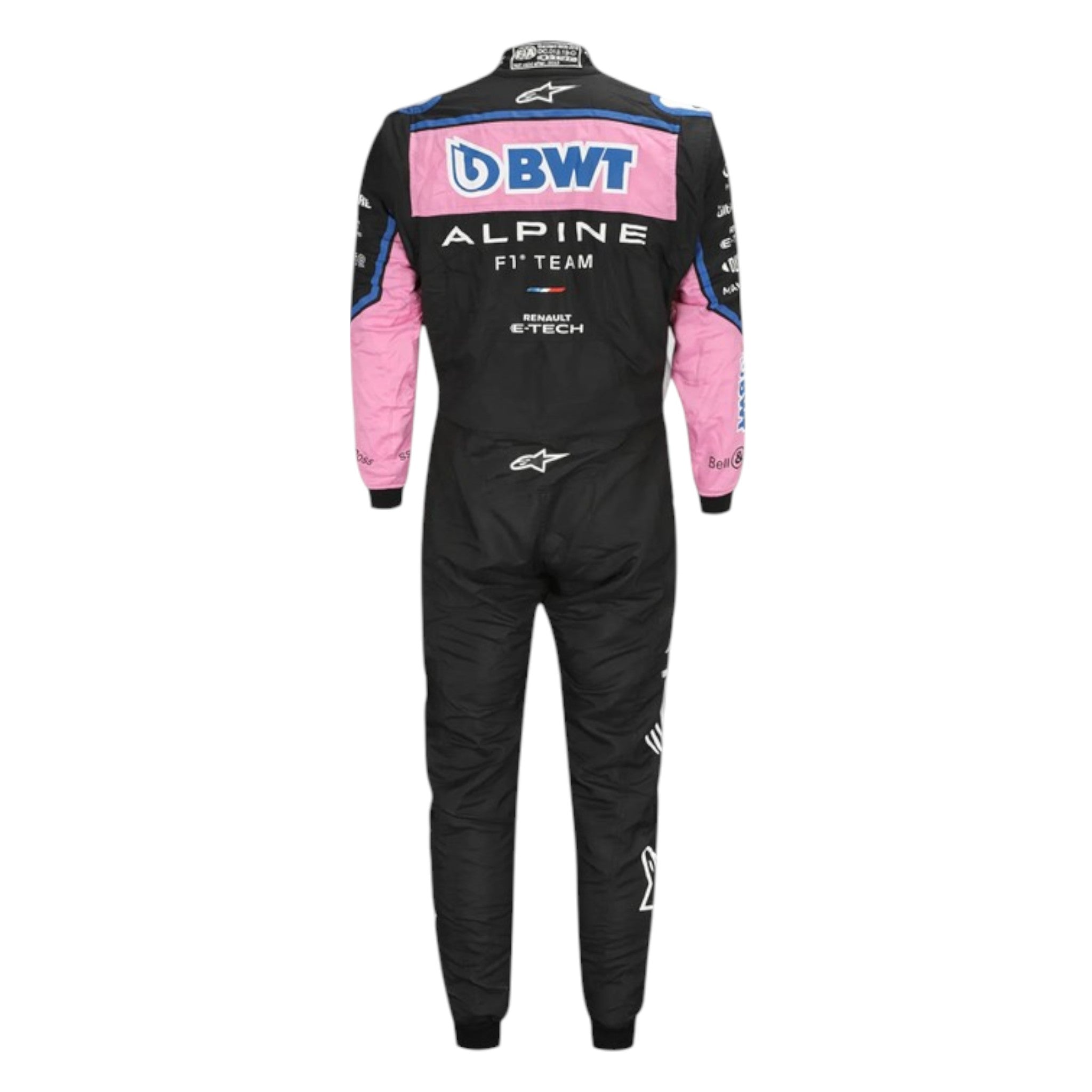 Esteban Ocon 2022 BWT Alpine F1 race suit in black, pink and blue with sponsor branding