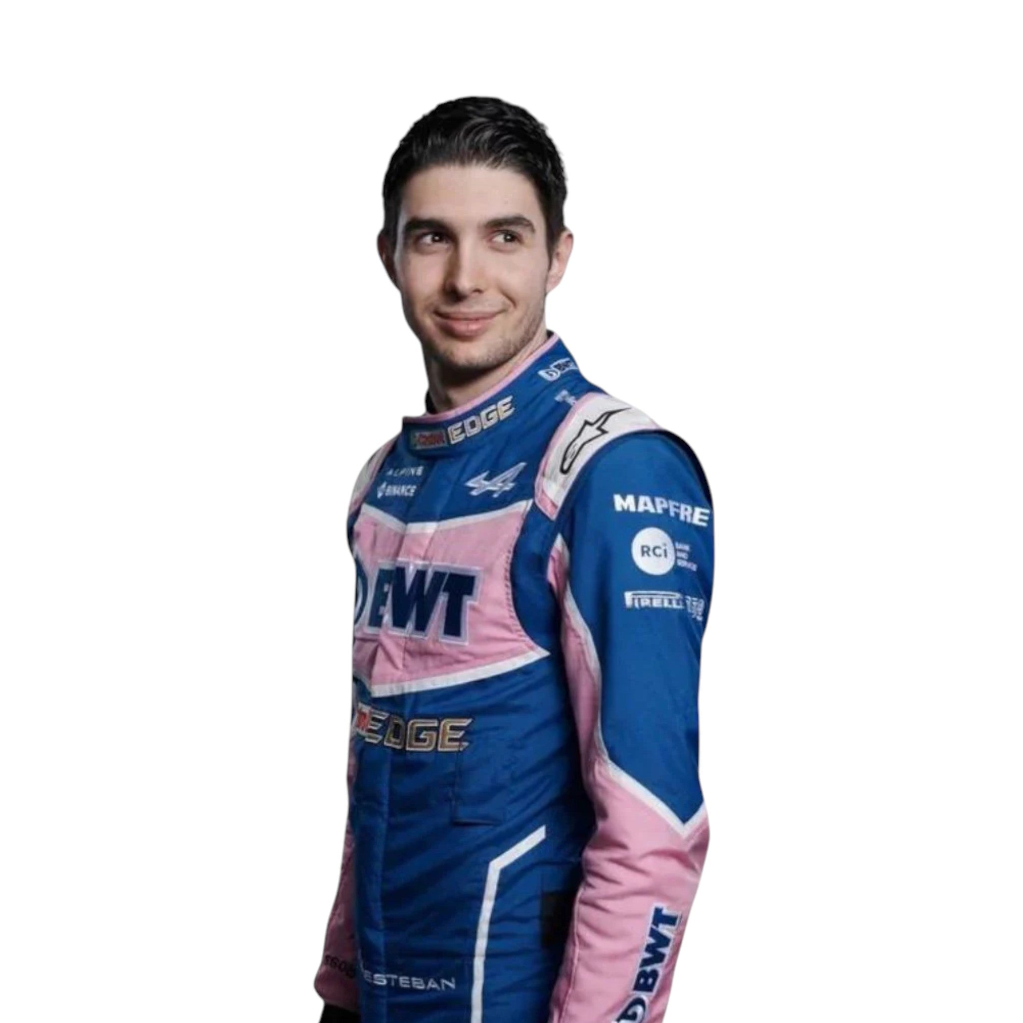 Esteban Ocon 2022 BWT Alpine F1 race suit in pink and blue with sponsor logos