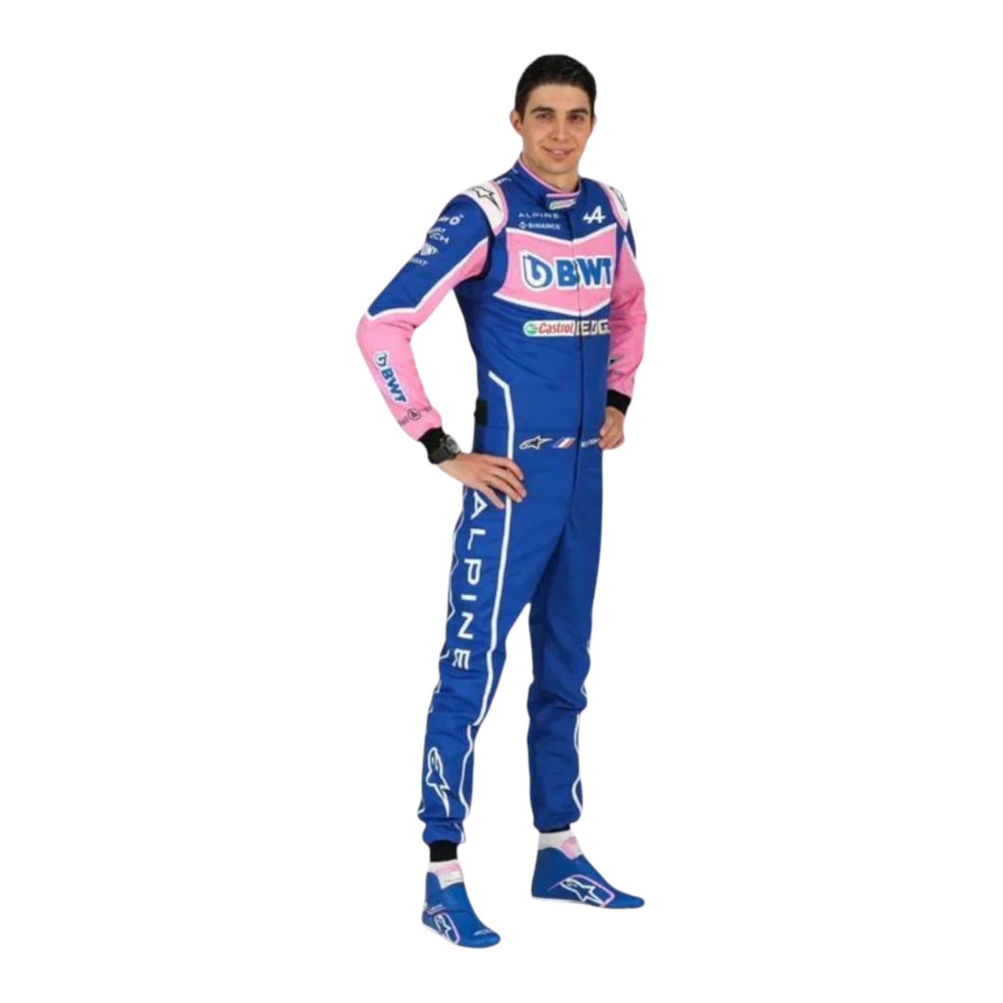 Esteban Ocon 2022 BWT Alpine F1 race suit in pink and blue with sponsor logos