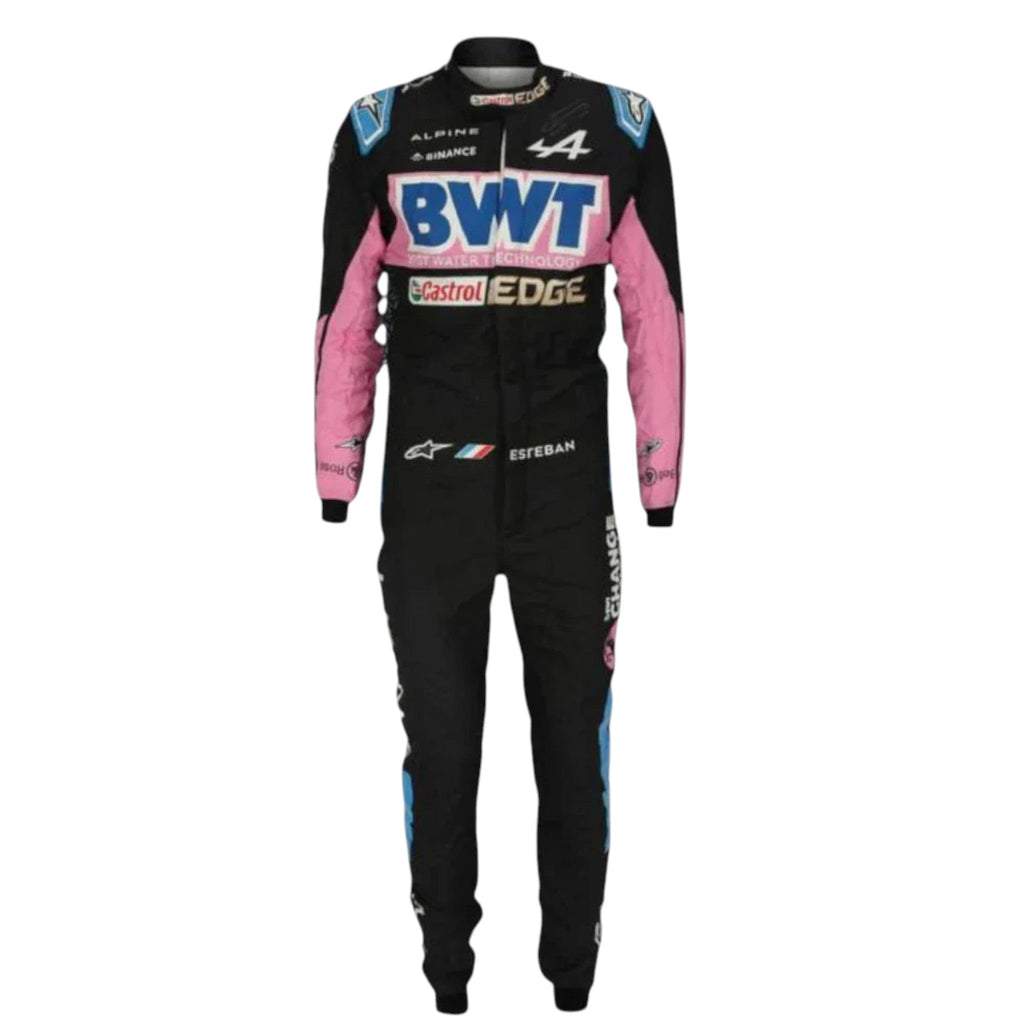 Esteban Ocon 2023 Alpine F1 race suit in black with pink panels and blue accents with sponsor logos