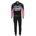 Esteban Ocon 2023 Alpine F1 race suit in black with pink panels and blue accents with sponsor logos