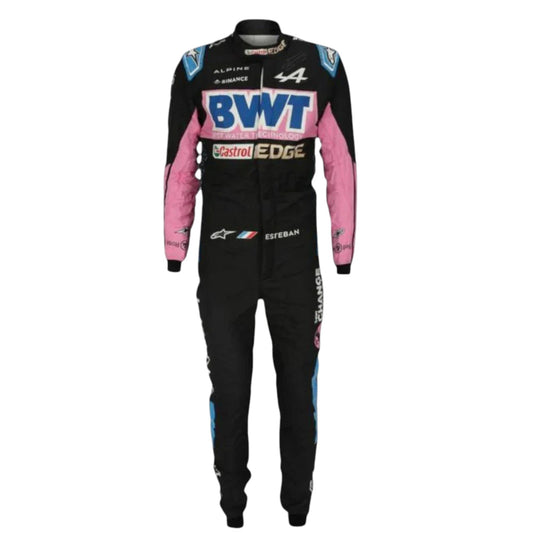 Esteban Ocon 2023 Alpine F1 race suit in black with pink panels and blue accents with sponsor logos