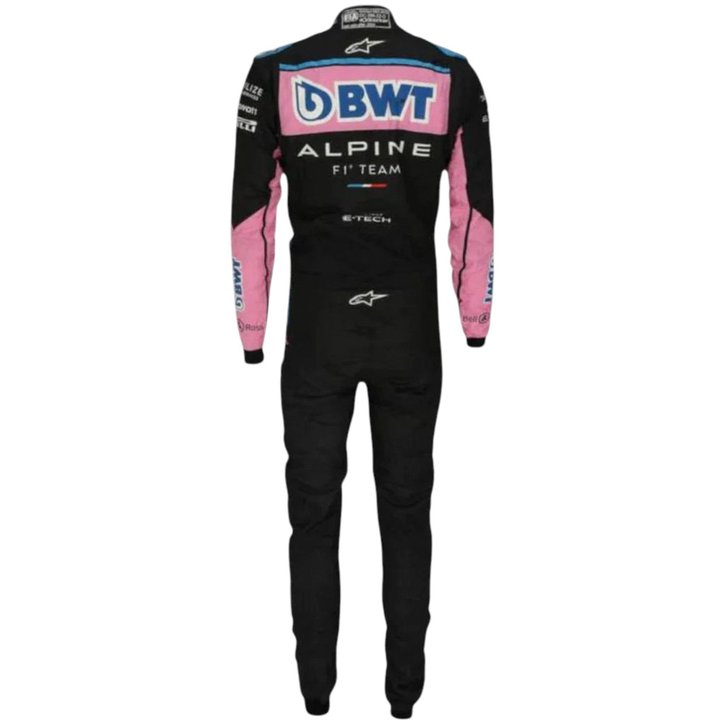 Esteban Ocon 2023 Alpine F1 race suit in black with pink panels and blue accents with sponsor logos