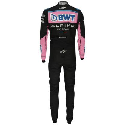 Esteban Ocon 2023 Alpine F1 race suit in black with pink panels and blue accents with sponsor logos