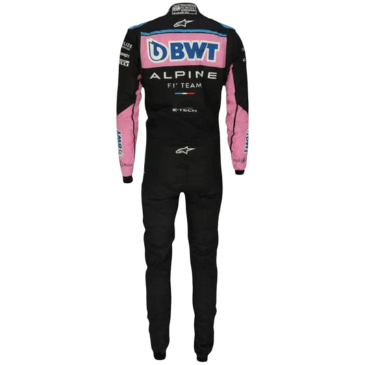 Esteban Ocon 2023 Alpine F1 race suit in black with pink panels and blue accents with sponsor logos