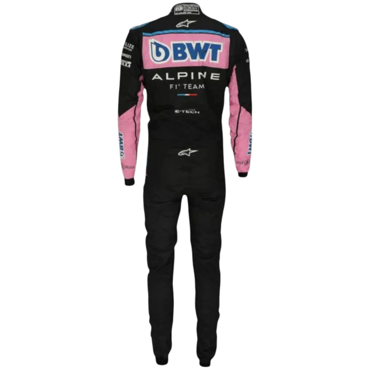 Esteban Ocon 2023 Alpine F1 race suit in black with pink panels and blue accents with sponsor logos