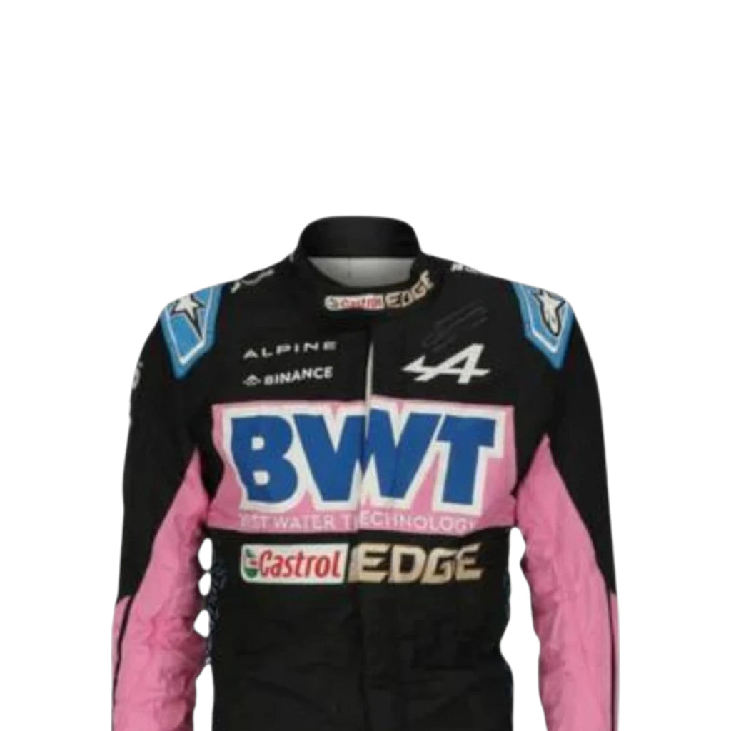 Esteban Ocon 2023 Alpine F1 race suit in black with pink panels and blue accents with sponsor logos