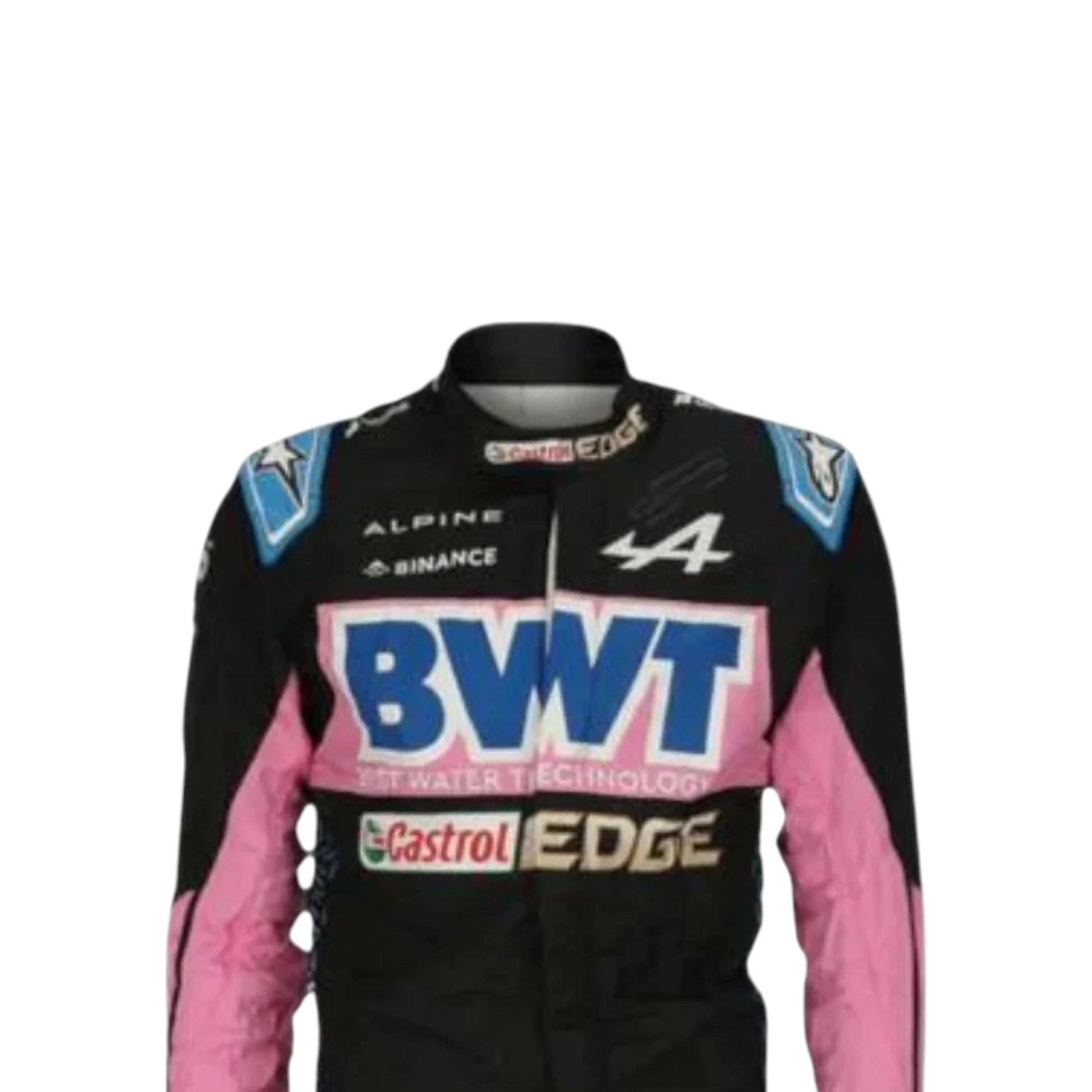 Esteban Ocon 2023 Alpine F1 race suit in black with pink panels and blue accents with sponsor logos