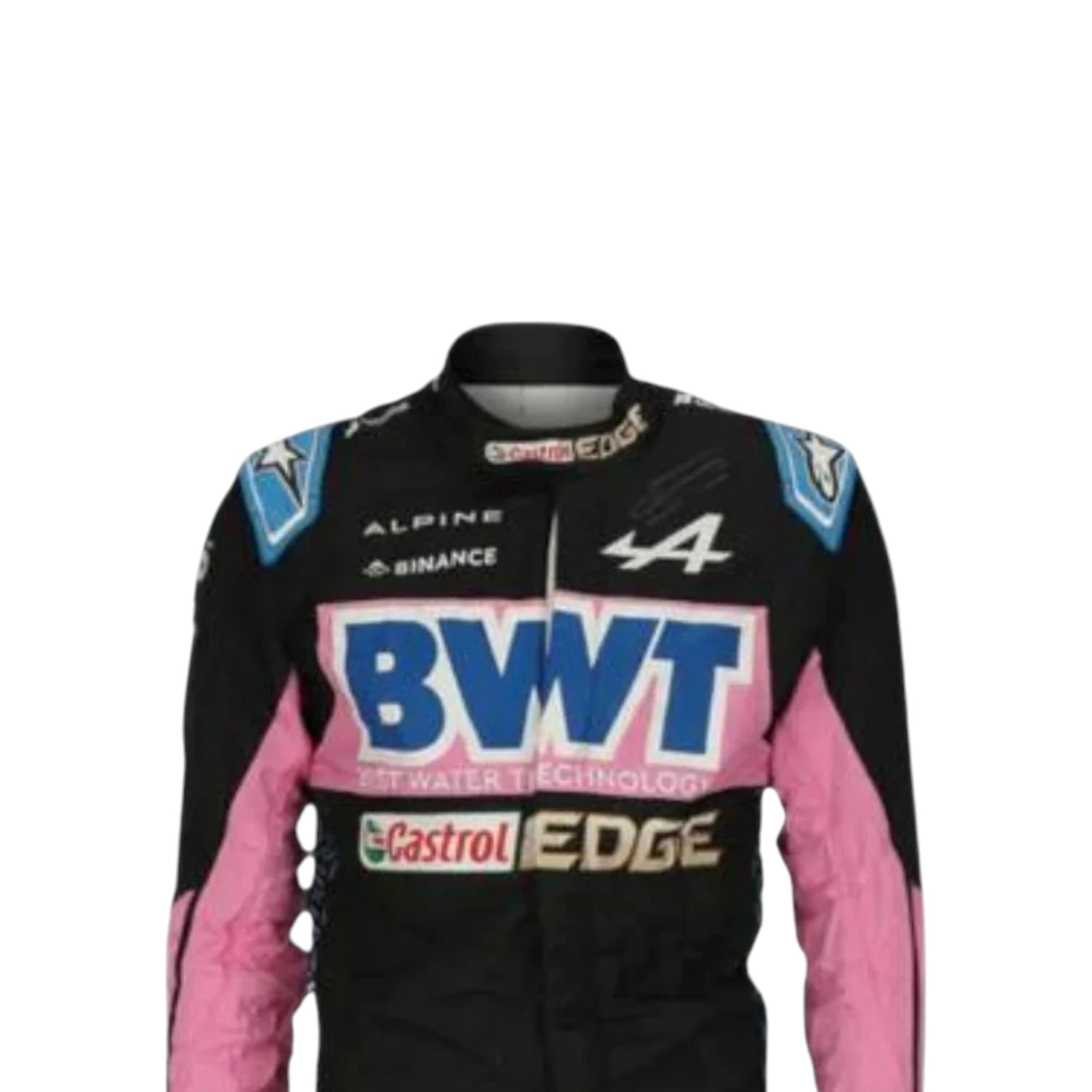 Esteban Ocon 2023 Alpine F1 race suit in black with pink panels and blue accents with sponsor logos