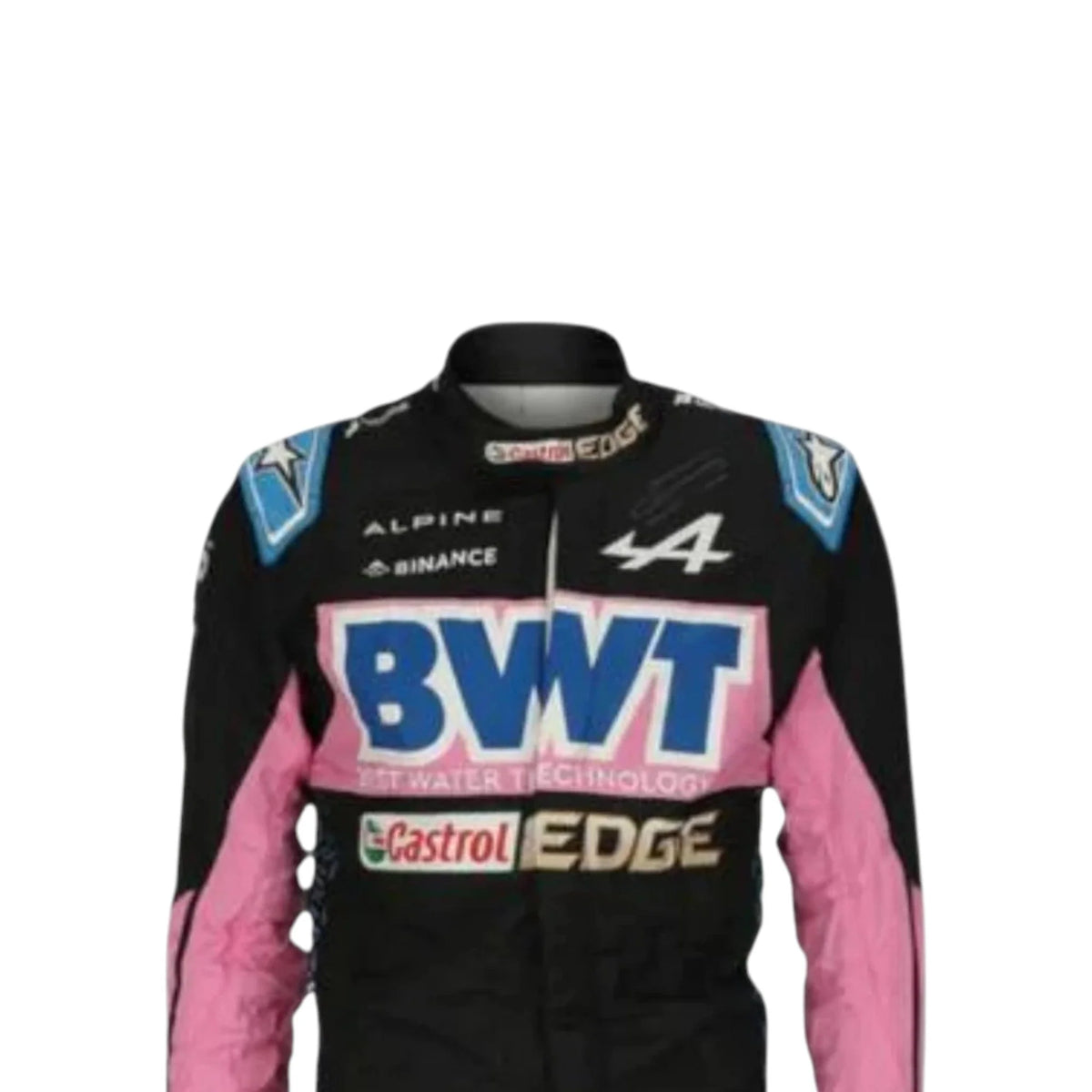 Esteban Ocon 2023 Alpine F1 race suit in black with pink panels and blue accents with sponsor logos