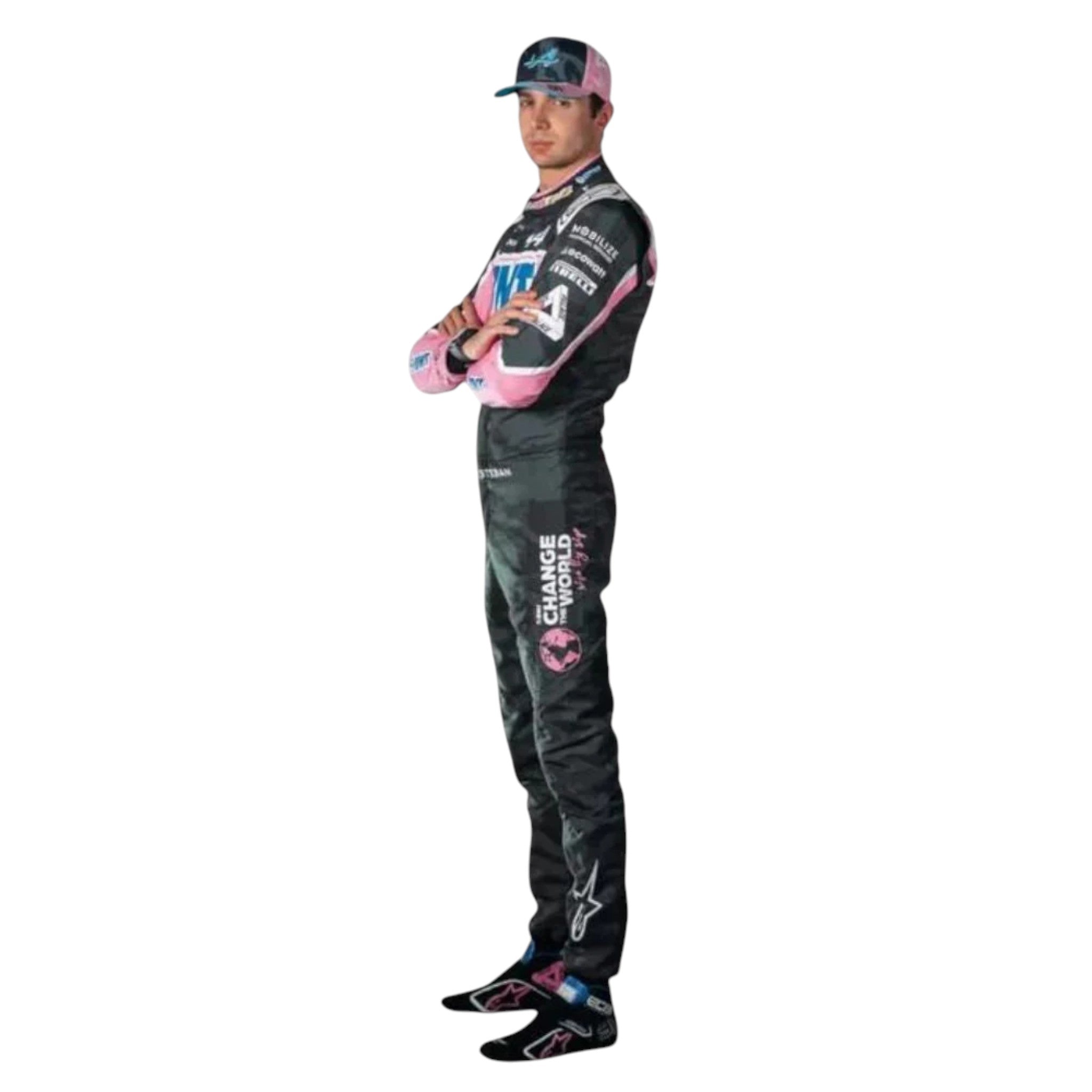 Esteban Ocon 2023 Alpine F1 race suit in black with pink panels and blue accents with sponsor logos