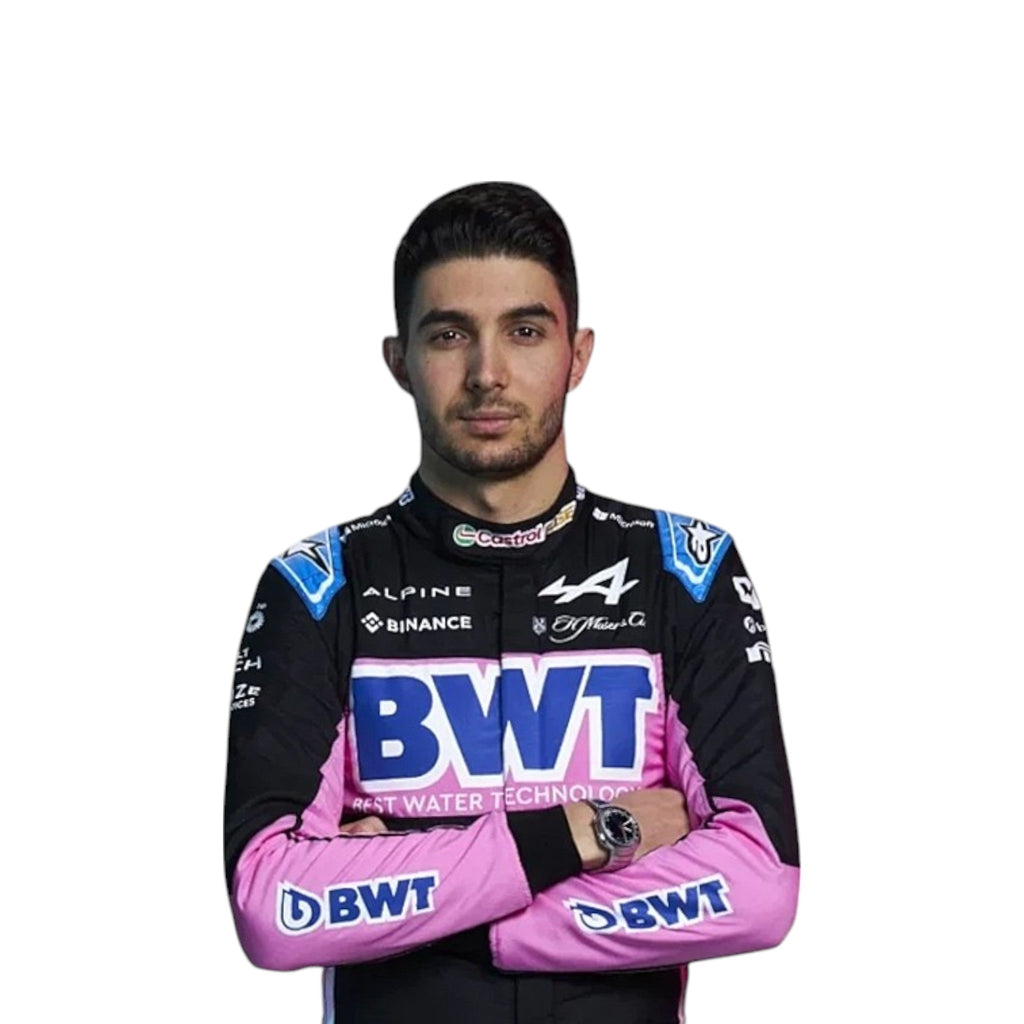Esteban Ocon 2024 Alpine F1 race suit in black, blue, and pink with sponsor branding