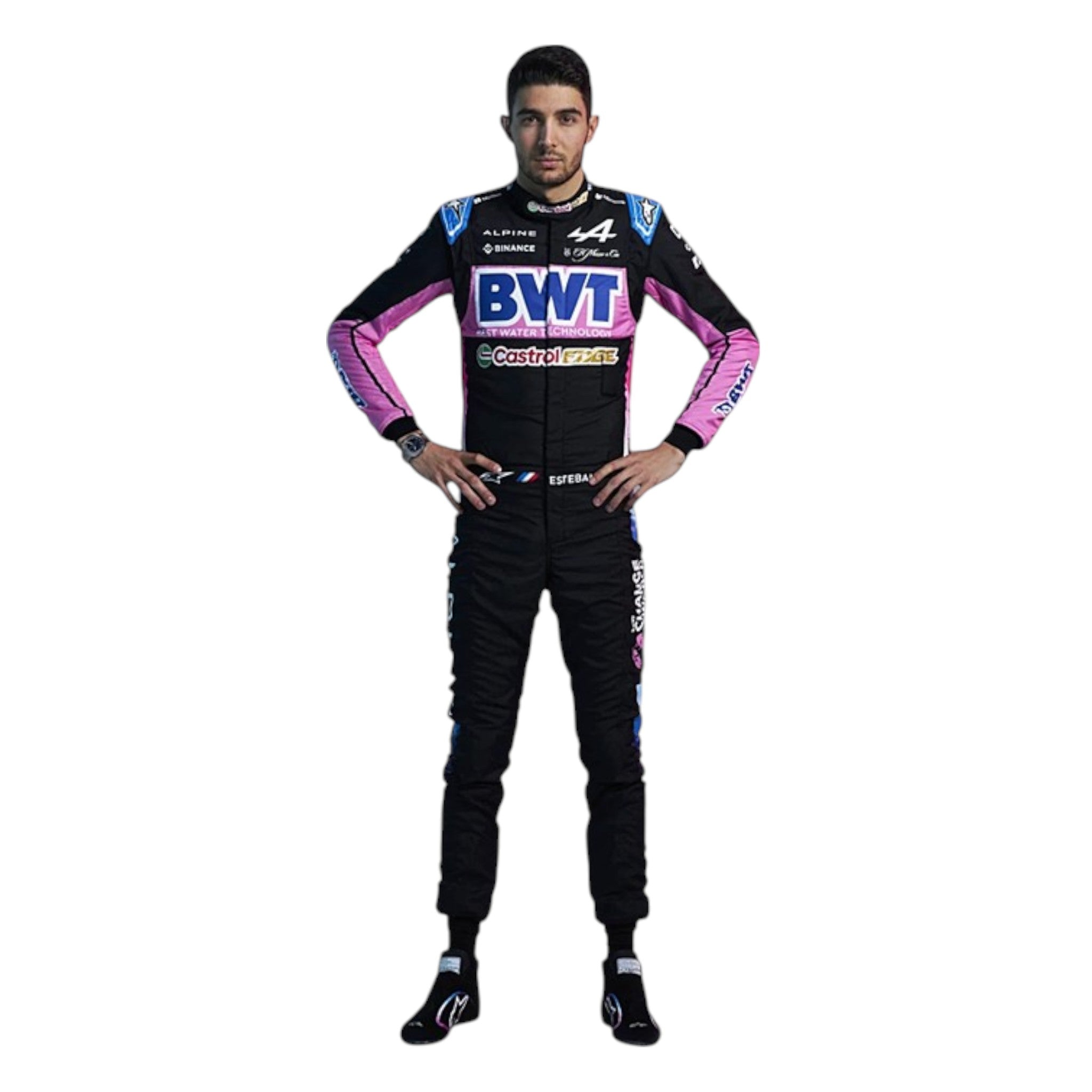 Esteban Ocon 2024 Alpine F1 race suit in black, blue, and pink with sponsor branding