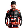 Esteban Ocon 2025 Haas F1 race suit in black, white, and red with sponsor branding and VF 25 team branding