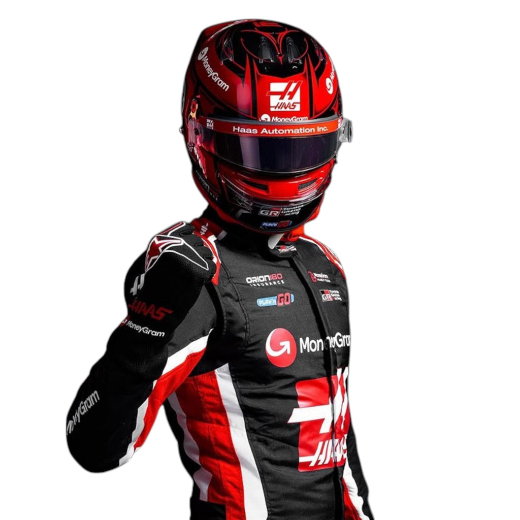Esteban Ocon 2025 Haas F1 race suit in black, white, and red with sponsor branding and VF 25 team branding