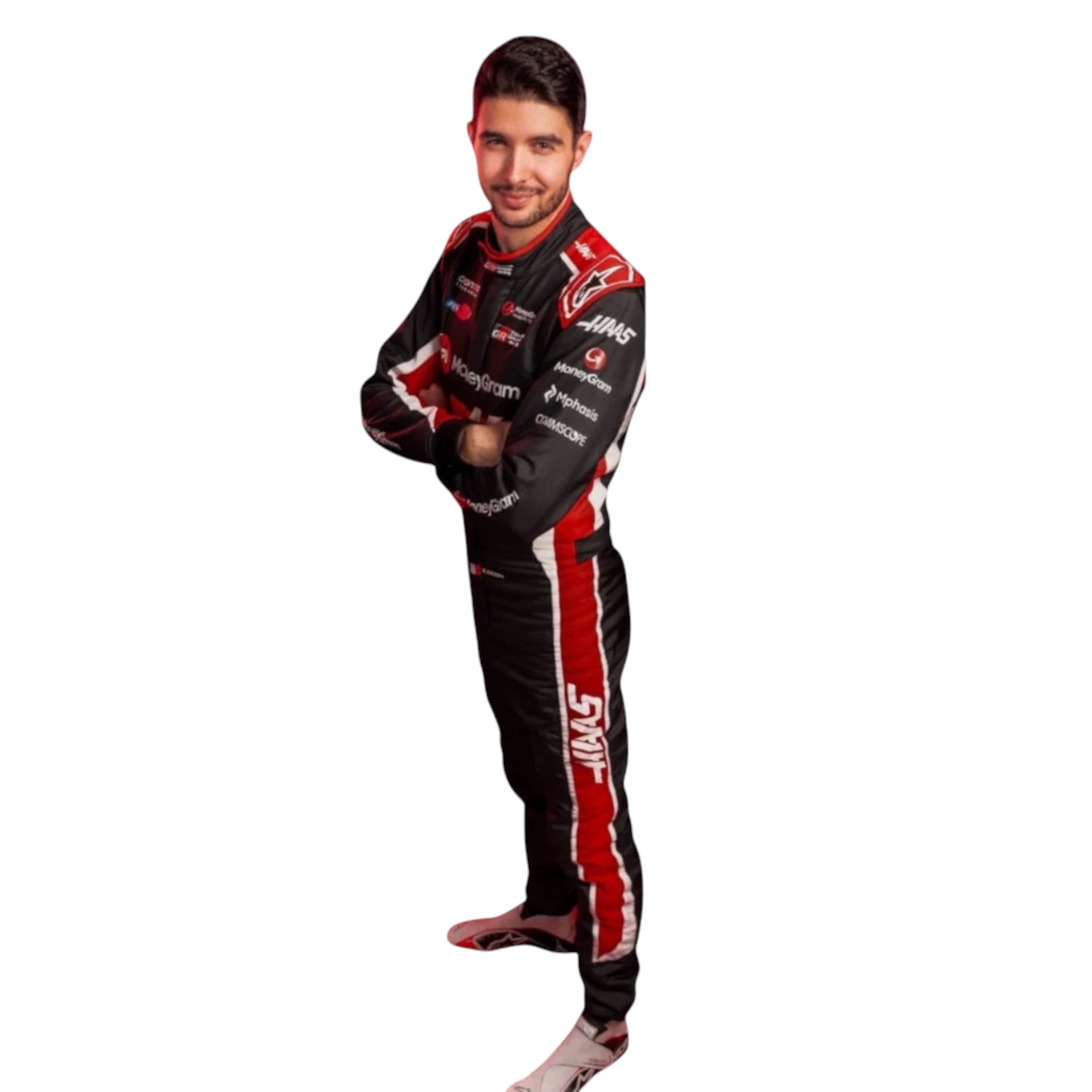Esteban Ocon 2025 Haas F1 race suit in black, white, and red with sponsor branding and VF 25 team branding