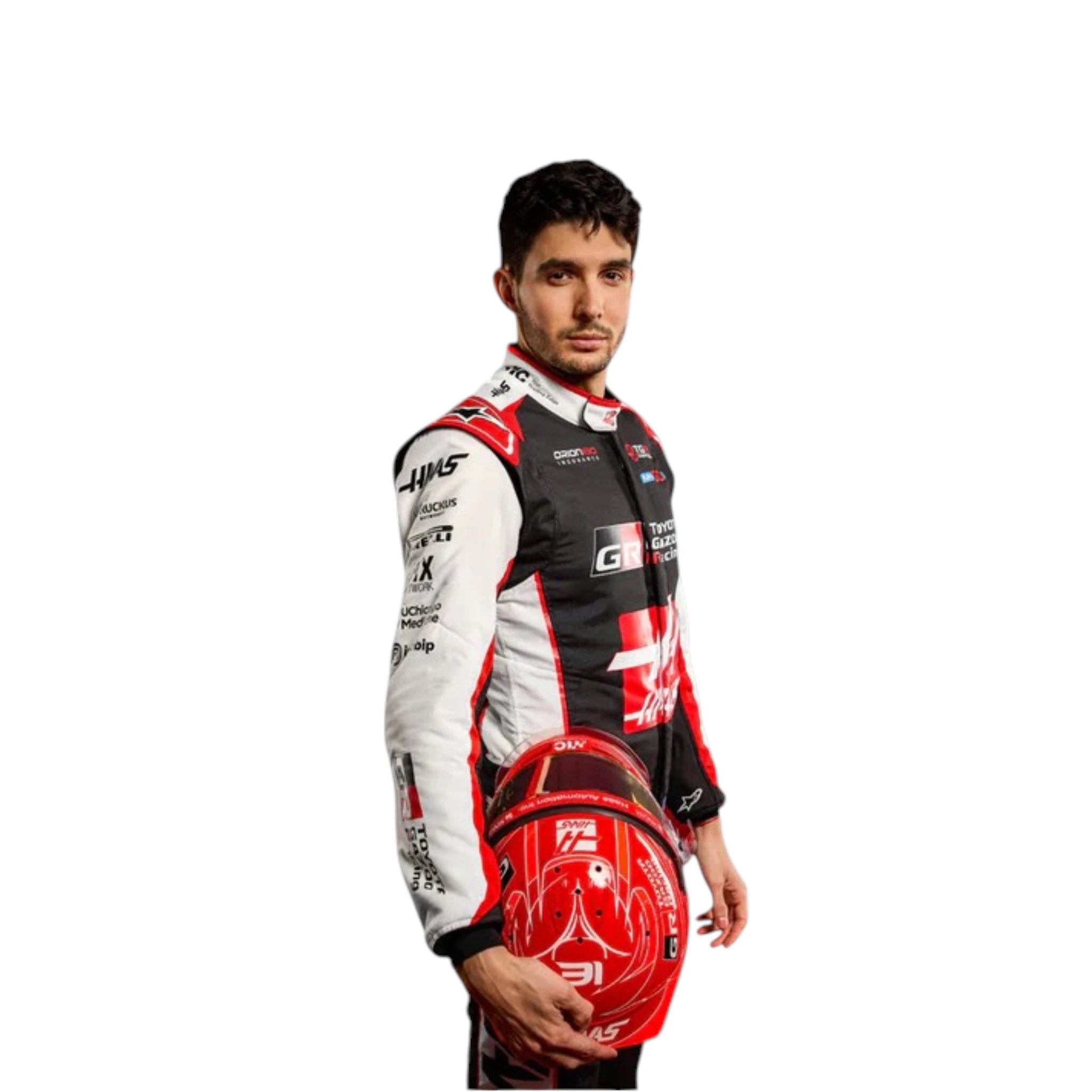 Esteban Ocon 2026 Haas F1 race suit in black, white, and red with sponsor logos