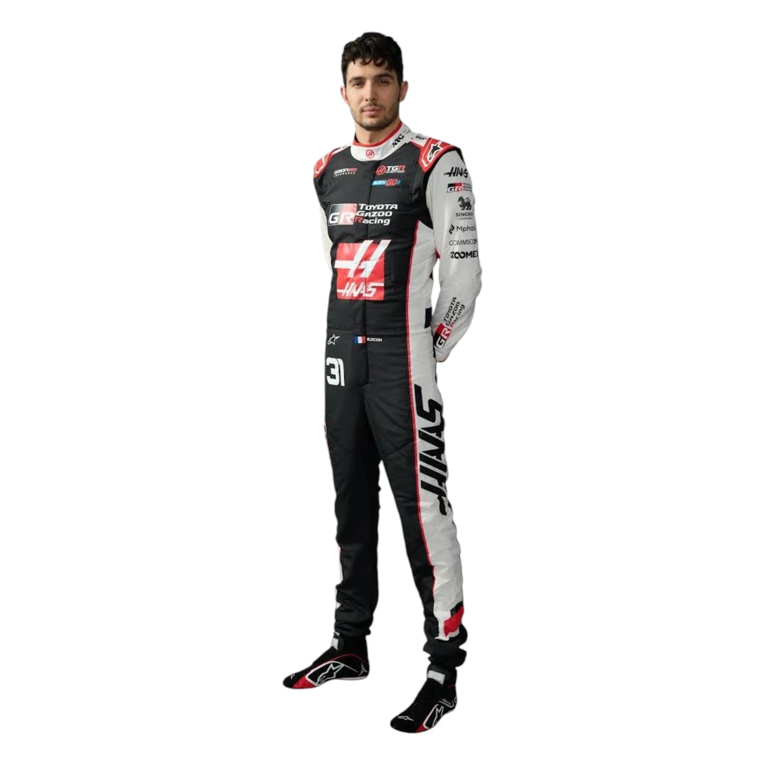 Esteban Ocon 2026 Haas F1 race suit in black, white, and red with sponsor logos