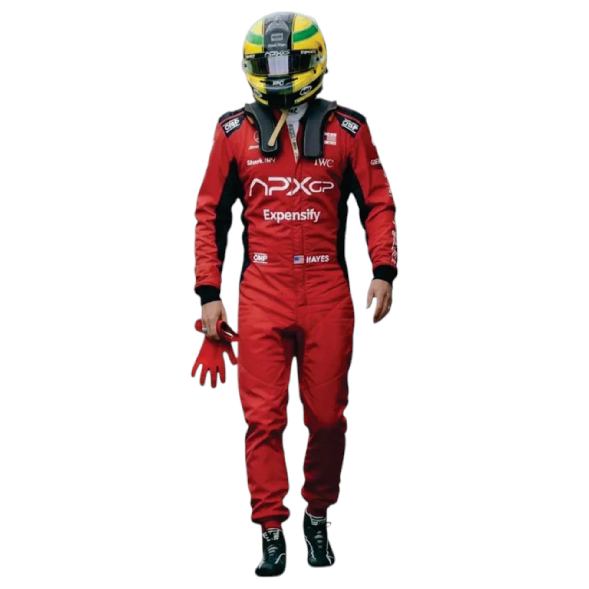 F1 Movie Sonny Hayes (Brad Pitt) 2025 F1 Race Suit (Red) featuring red black and white APXGP racing graphics