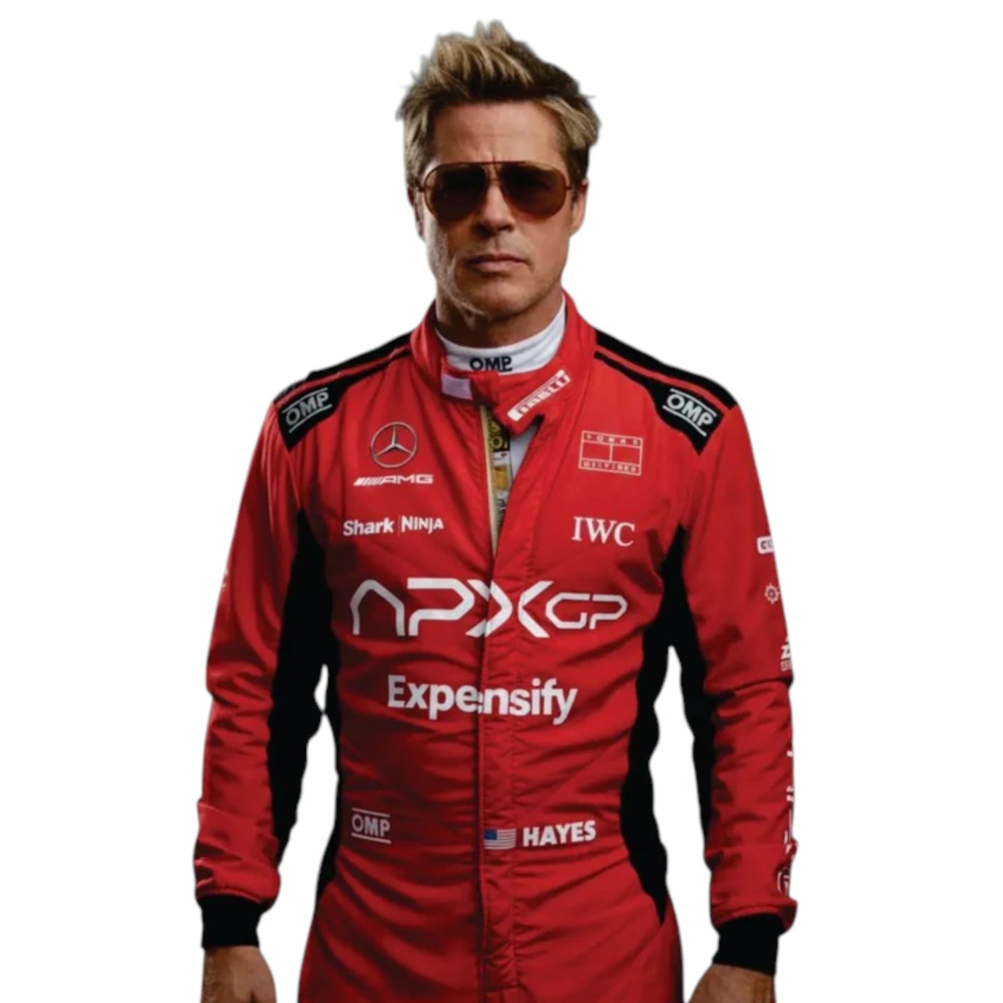 F1 Movie Sonny Hayes (Brad Pitt) 2025 F1 Race Suit (Red) featuring red black and white APXGP racing graphics