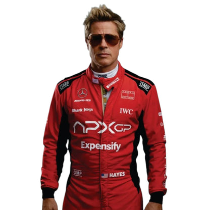 F1 Movie Sonny Hayes (Brad Pitt) 2025 F1 Race Suit (Red) featuring red black and white APXGP racing graphics